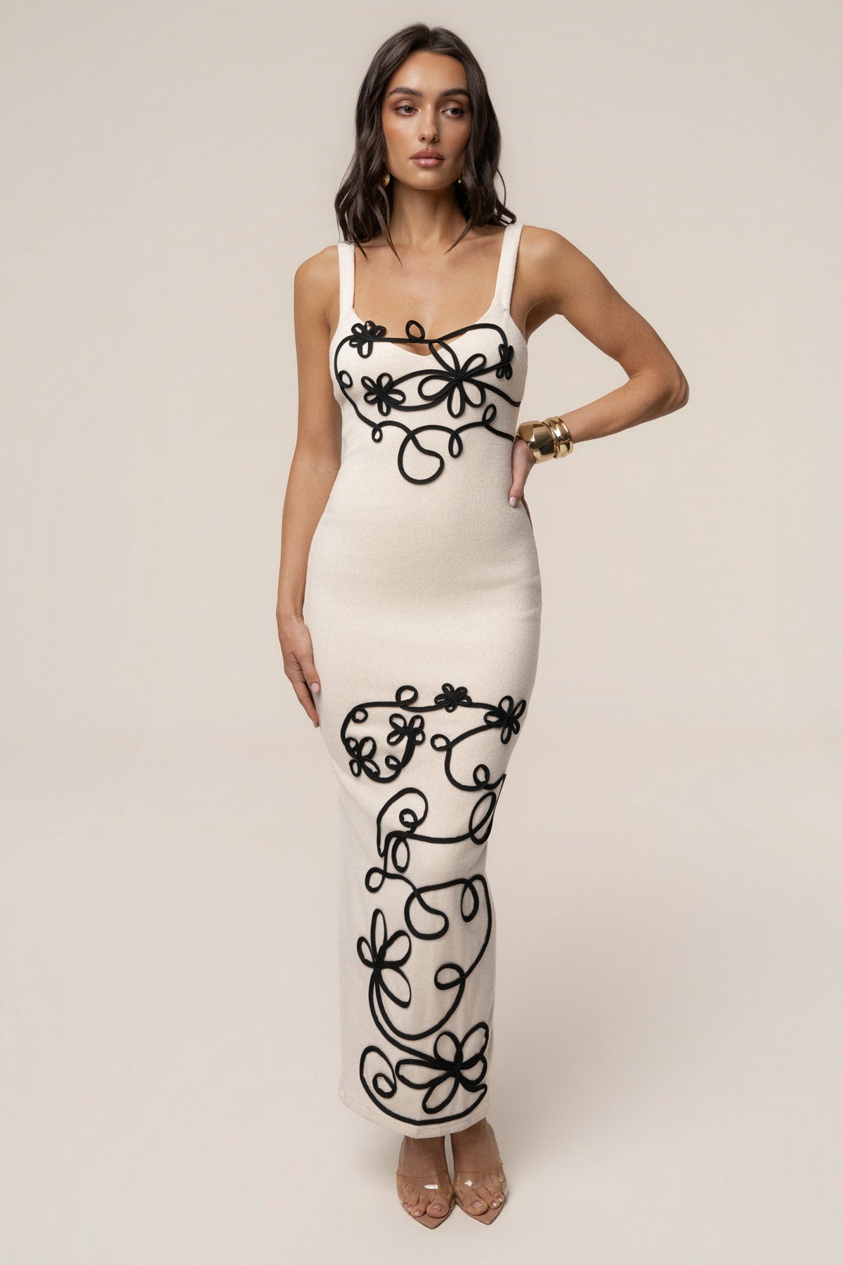 Ivory Petal Embroidered Midi Dress