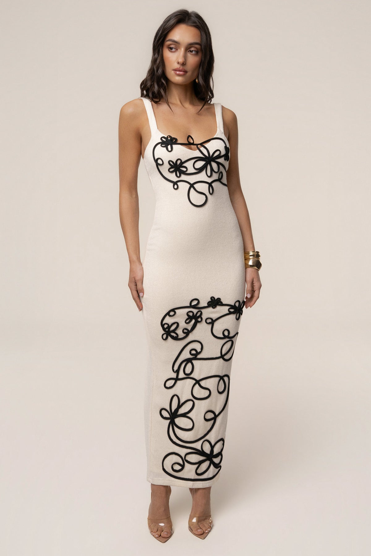 Ivory Petal Embroidered Midi Dress
