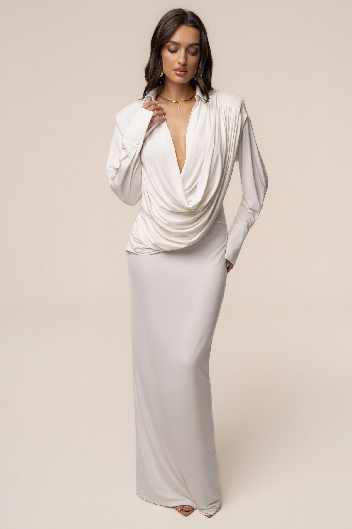 Ivory Poise Draped Maxi Dress