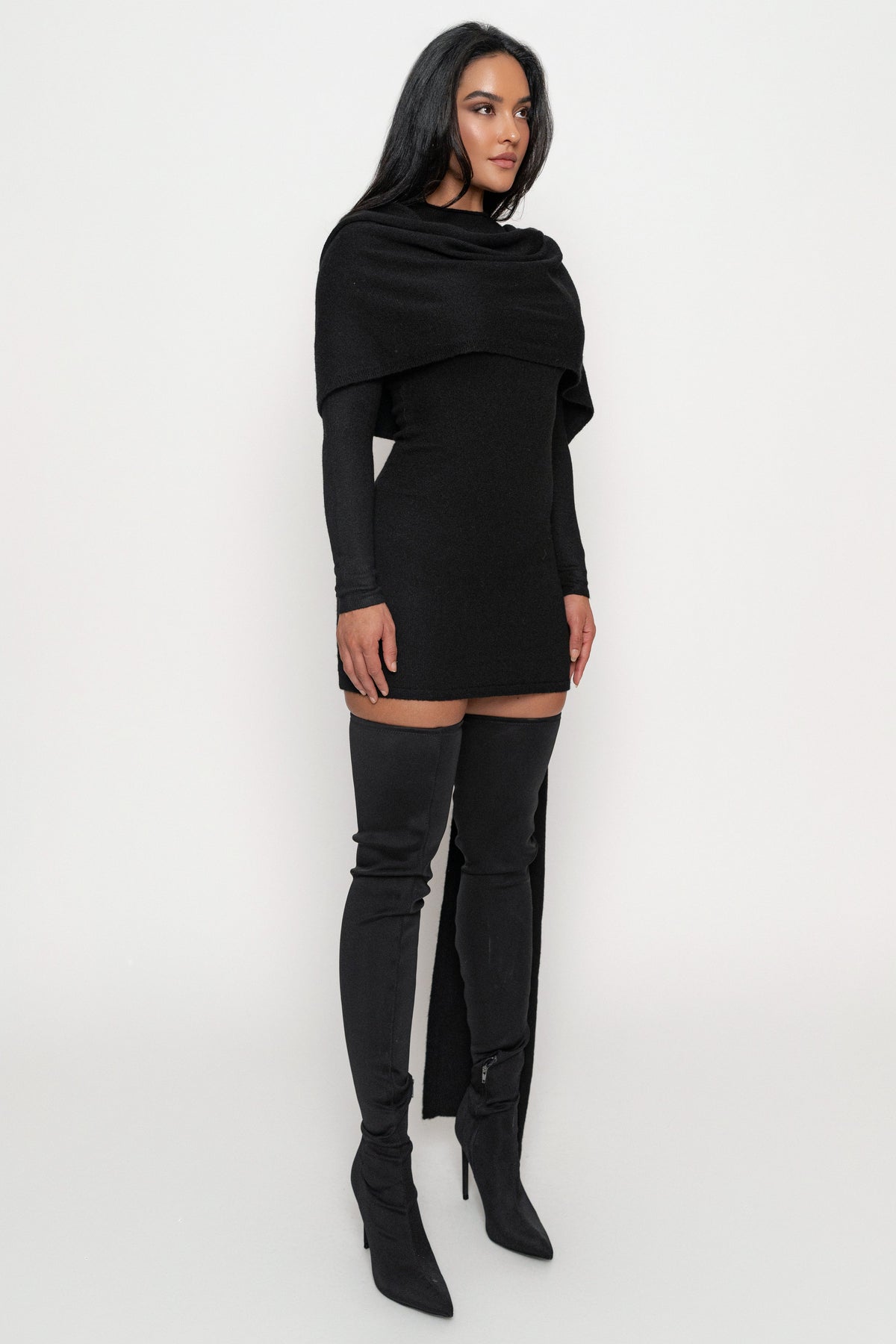 Black Scarf Draped Mini Dress