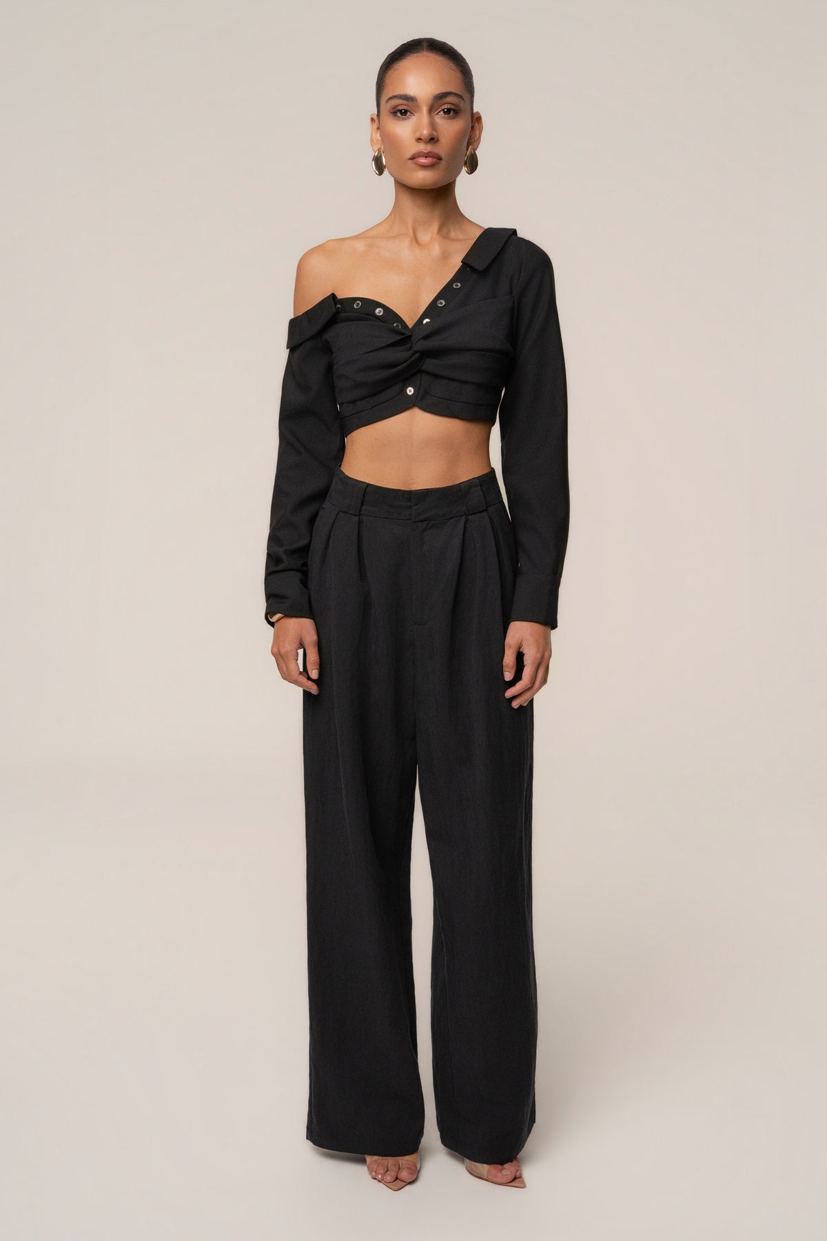 Black Off-Shoulder Twist Crop Top