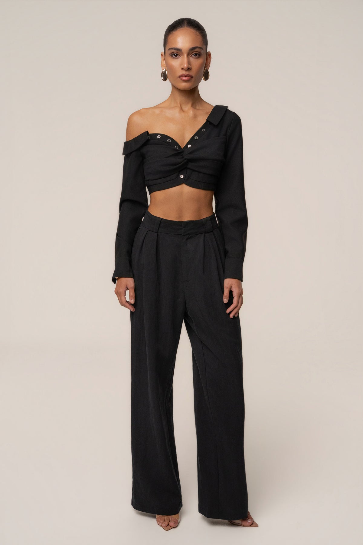 Black Off-Shoulder Twist Crop Top