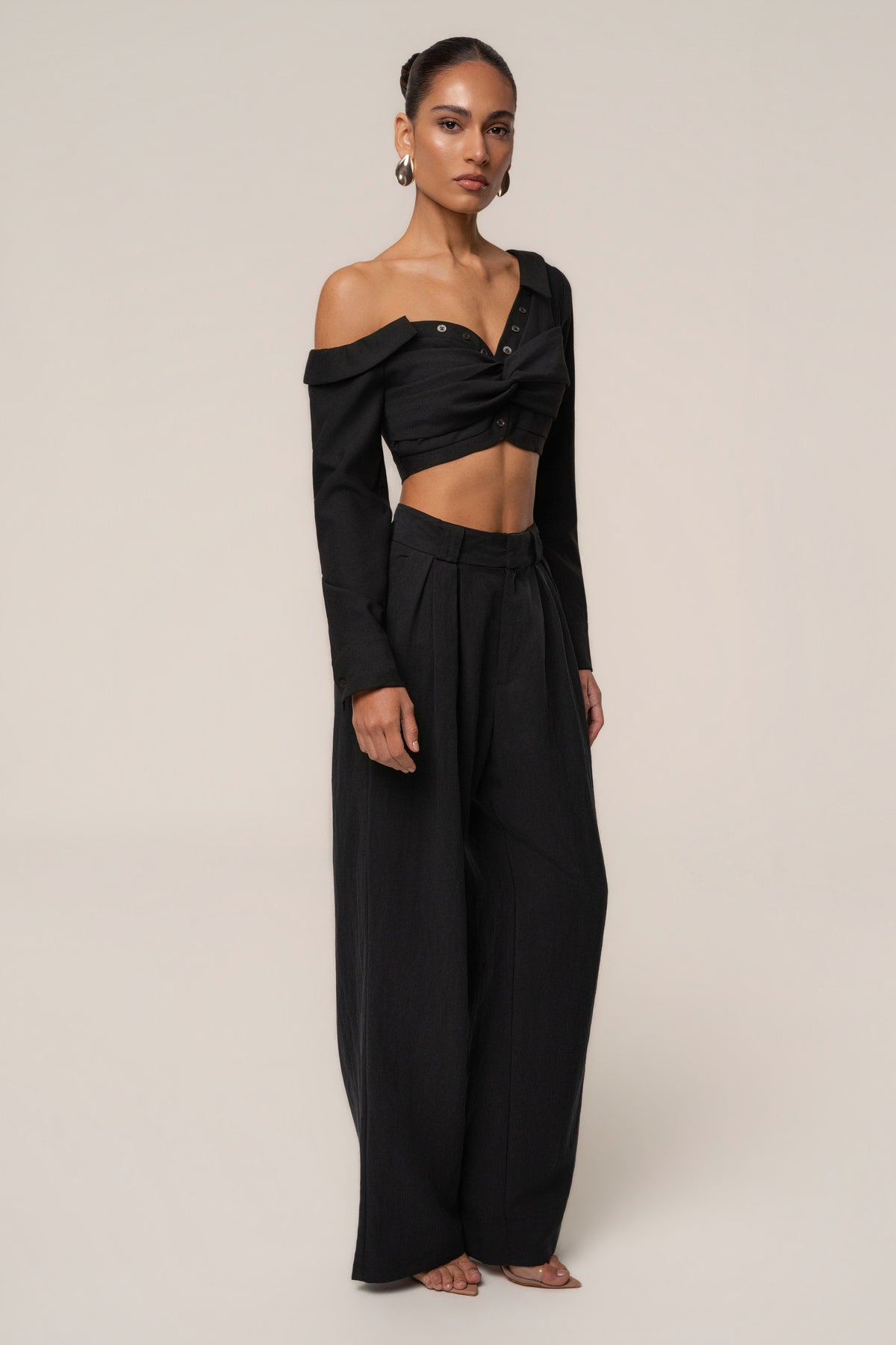 Black Off-Shoulder Twist Crop Top