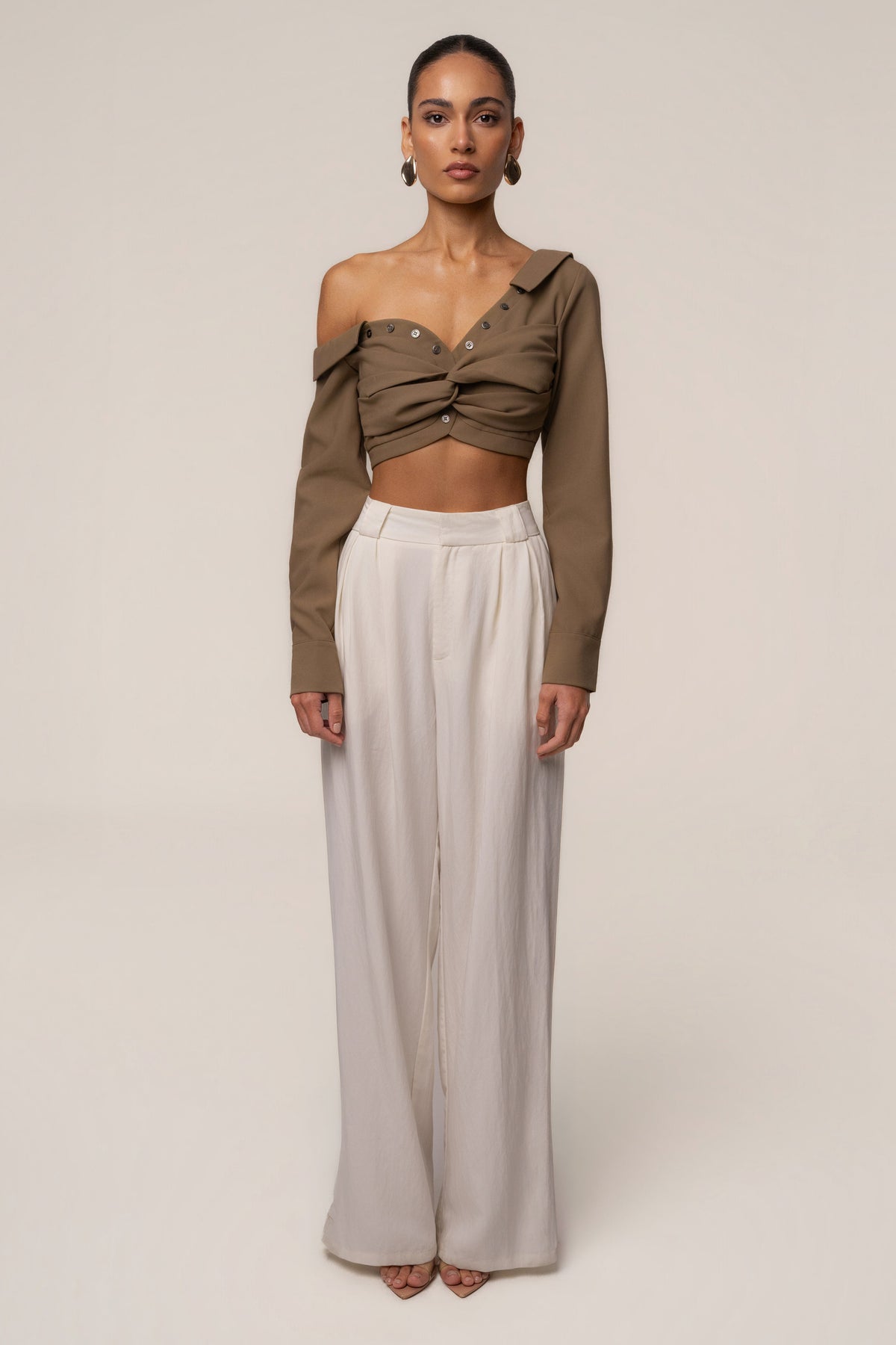 Olive Off-Shoulder Twist Crop Top