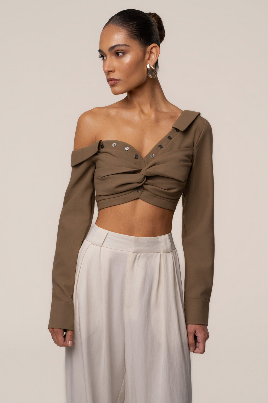 Olive Off-Shoulder Twist Crop Top
