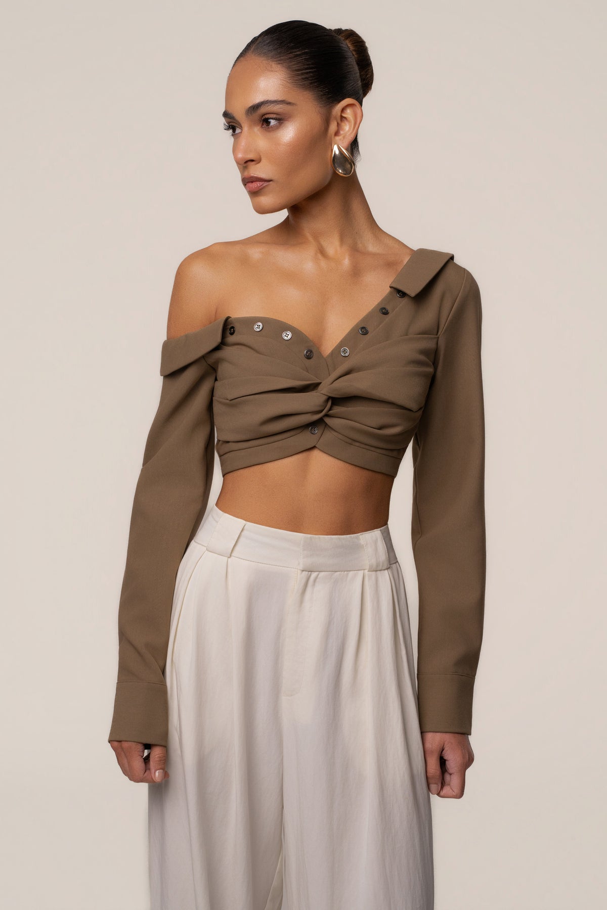 Olive Off-Shoulder Twist Crop Top