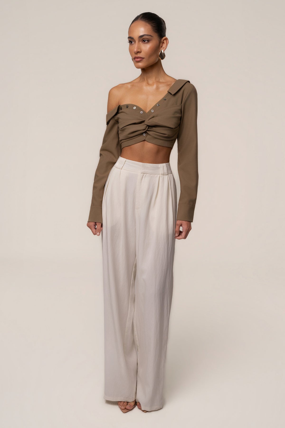 Olive Off-Shoulder Twist Crop Top