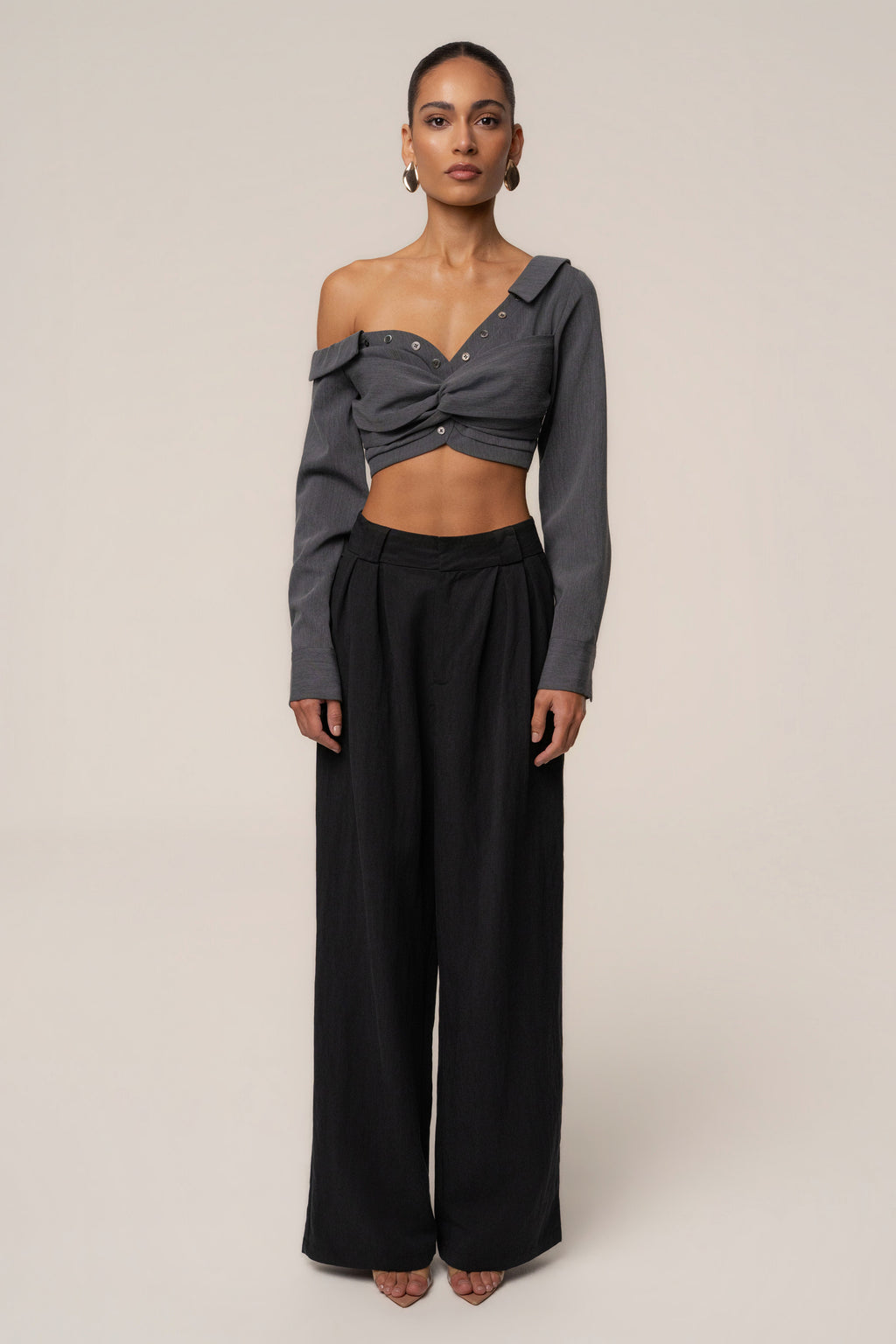 Grey Off-Shoulder Twist Crop Top