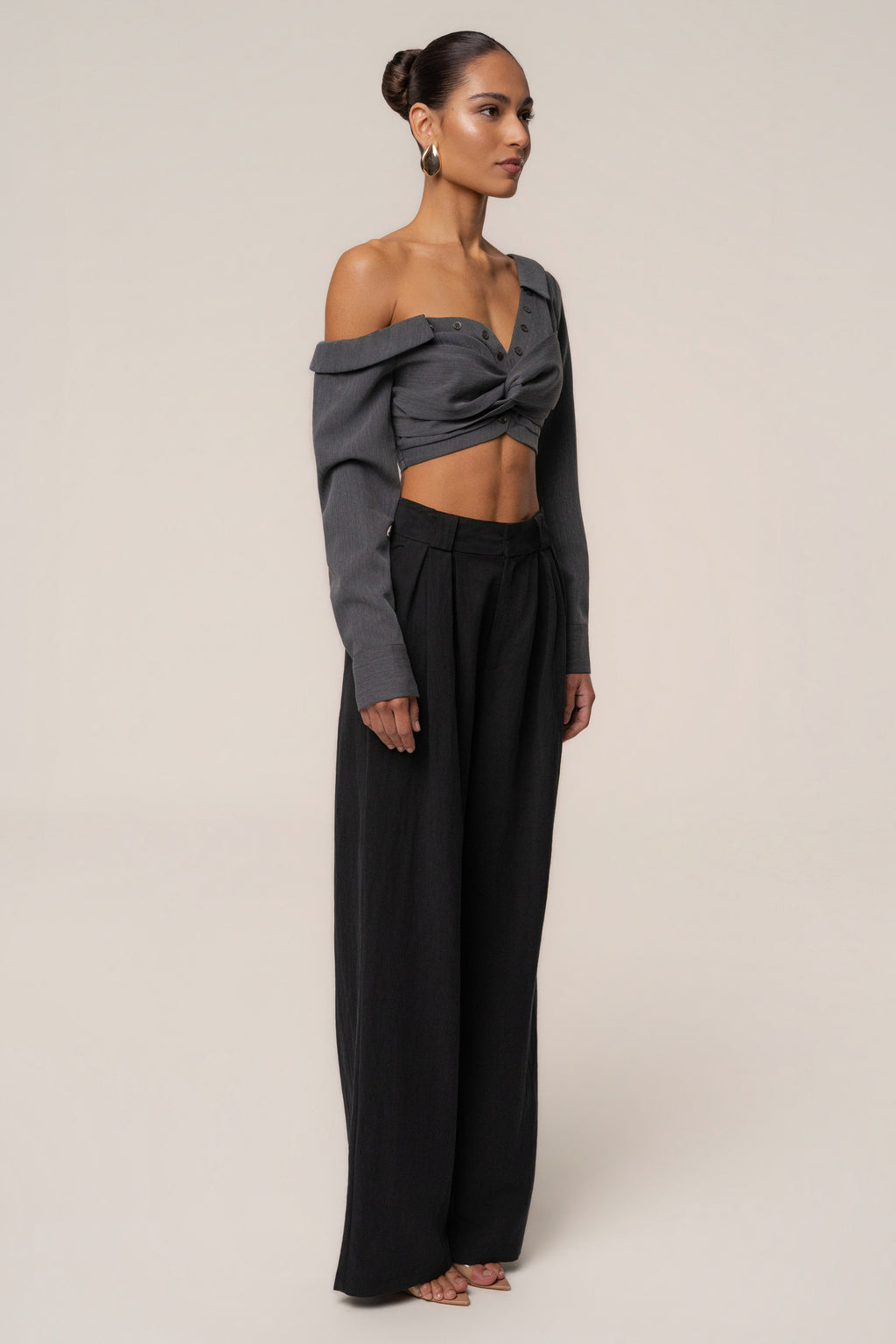 Grey Off-Shoulder Twist Crop Top