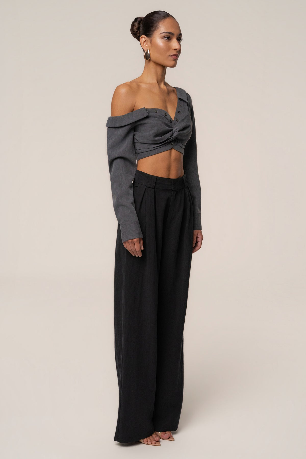 Grey Off-Shoulder Twist Crop Top