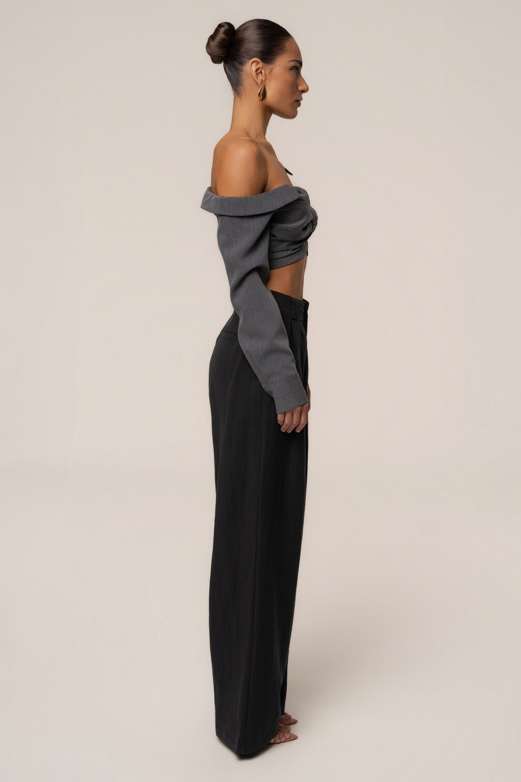 Grey Off-Shoulder Twist Crop Top