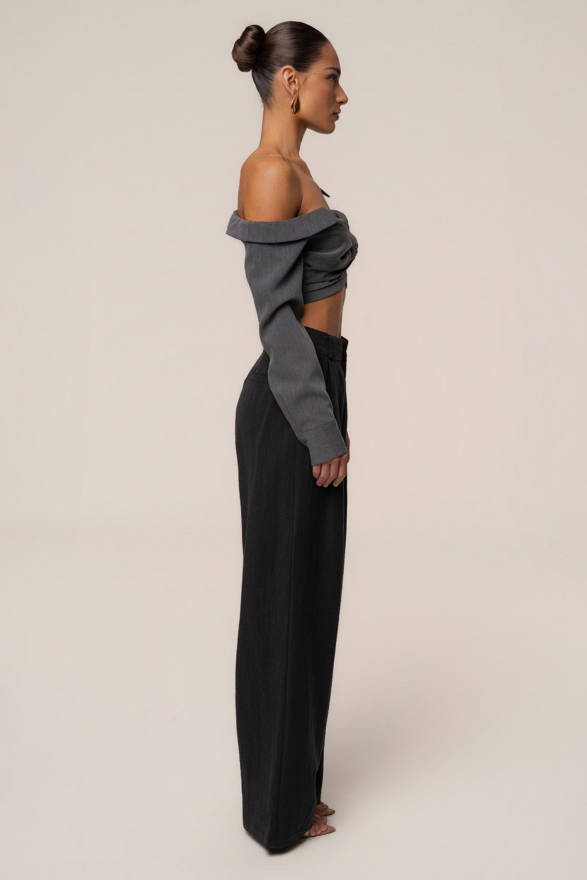 Grey Off-Shoulder Twist Crop Top