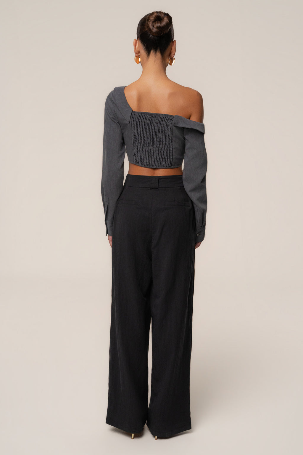 Grey Off-Shoulder Twist Crop Top