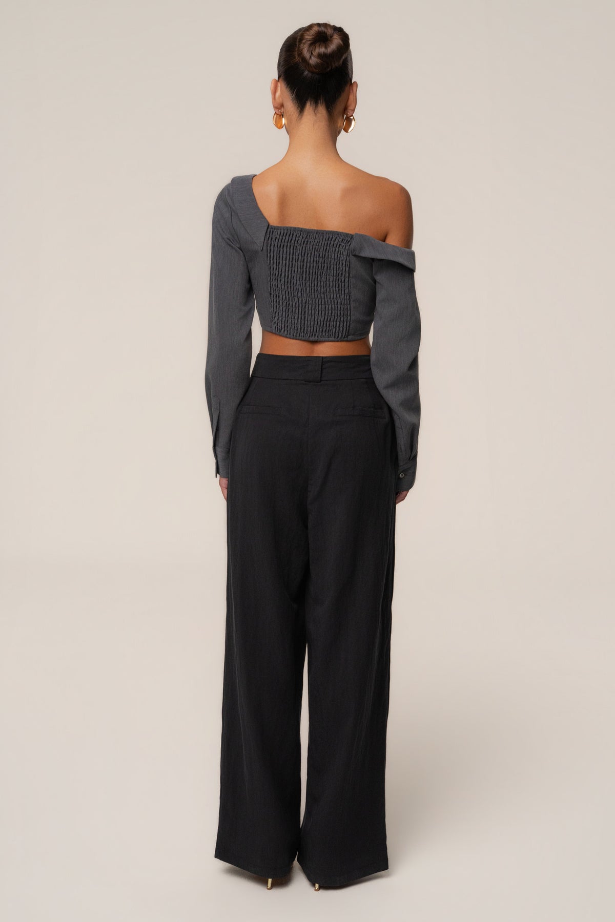 Grey Off-Shoulder Twist Crop Top