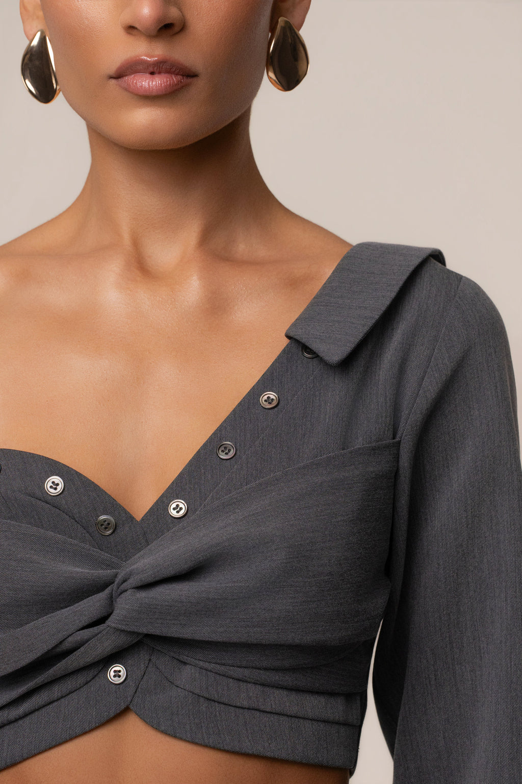 Grey Off-Shoulder Twist Crop Top