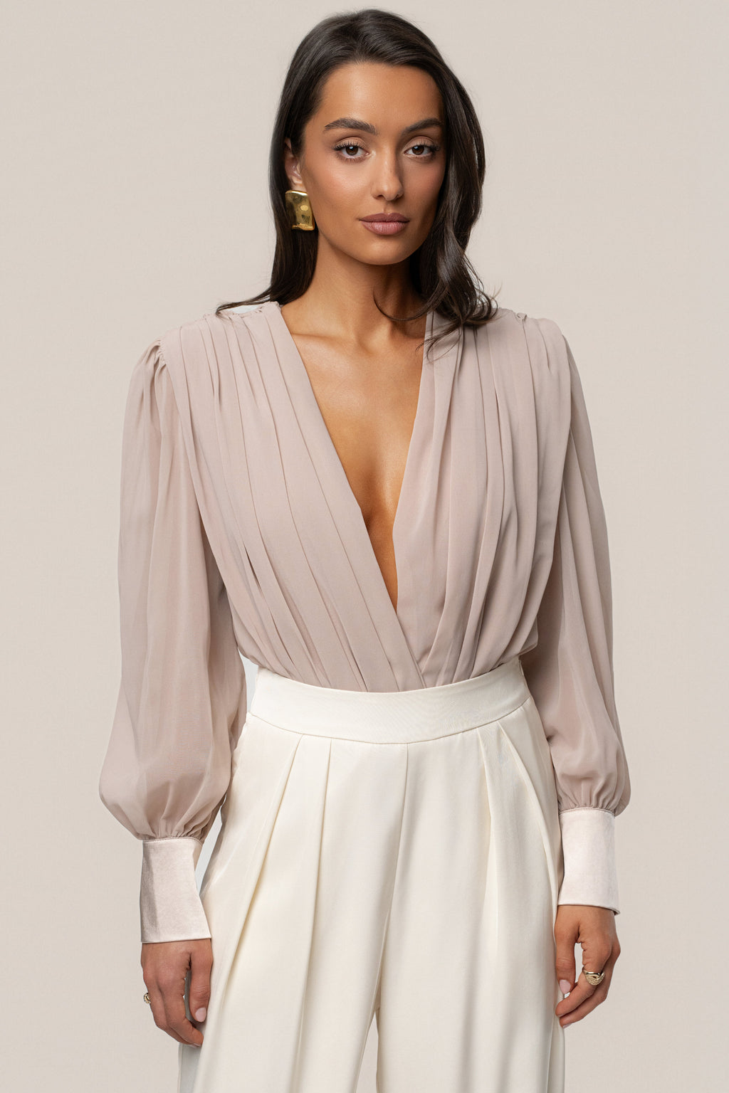 Beige Refined Pleated Chiffon Top