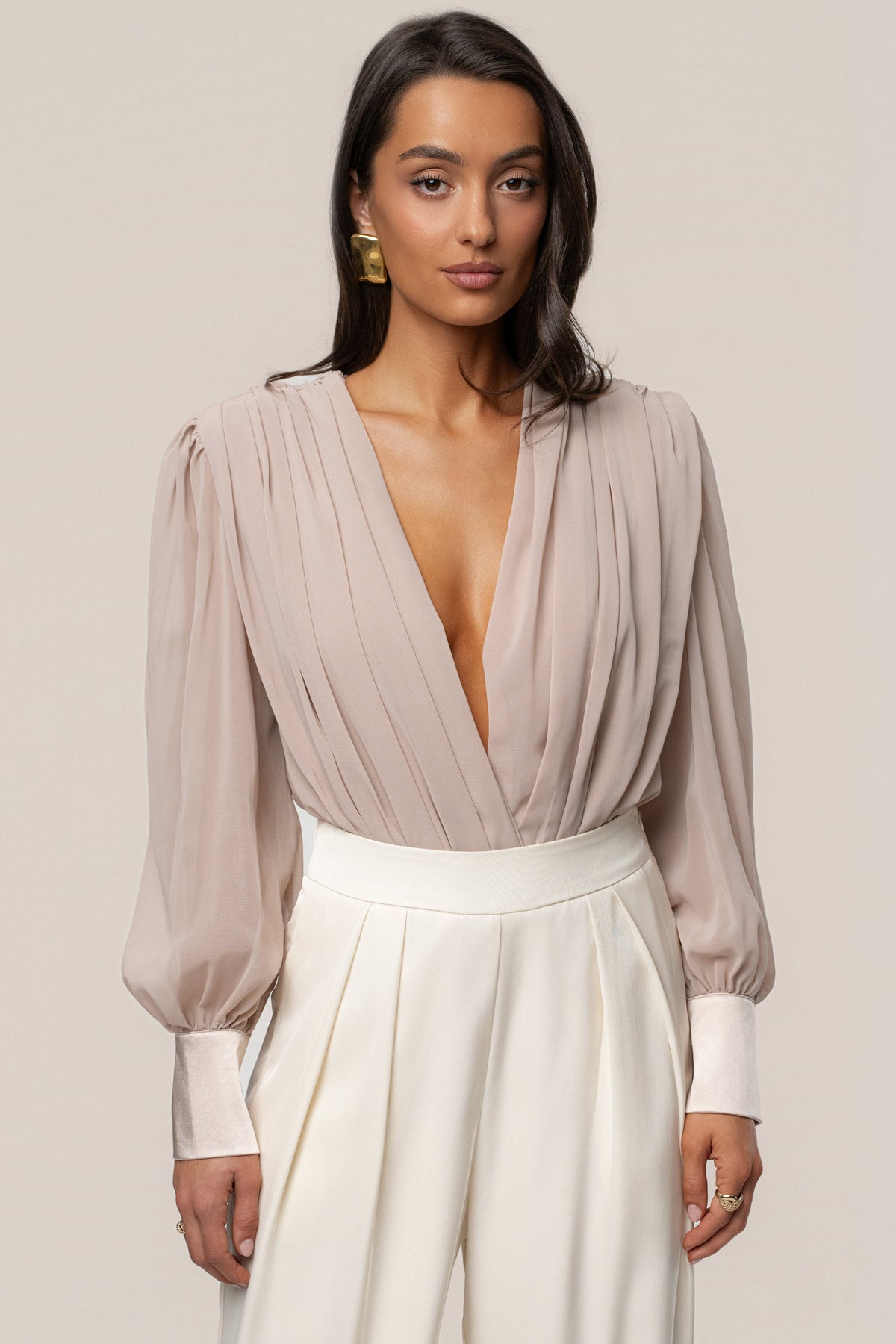 Beige Refined Pleated Chiffon Top
