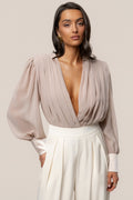 Beige Refined Pleated Chiffon Top