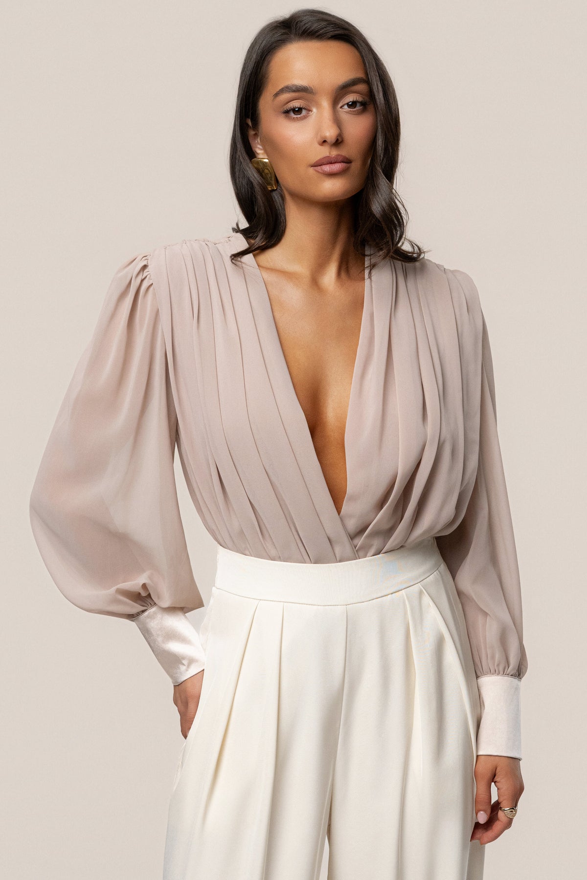 Beige Refined Pleated Chiffon Top
