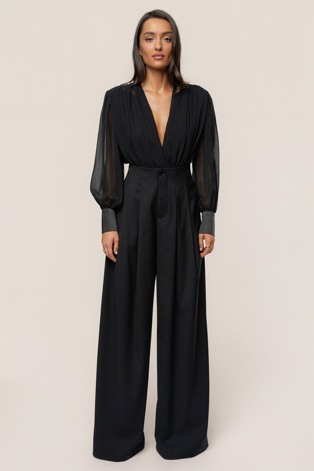 Black Refined Pleated Chiffon Top